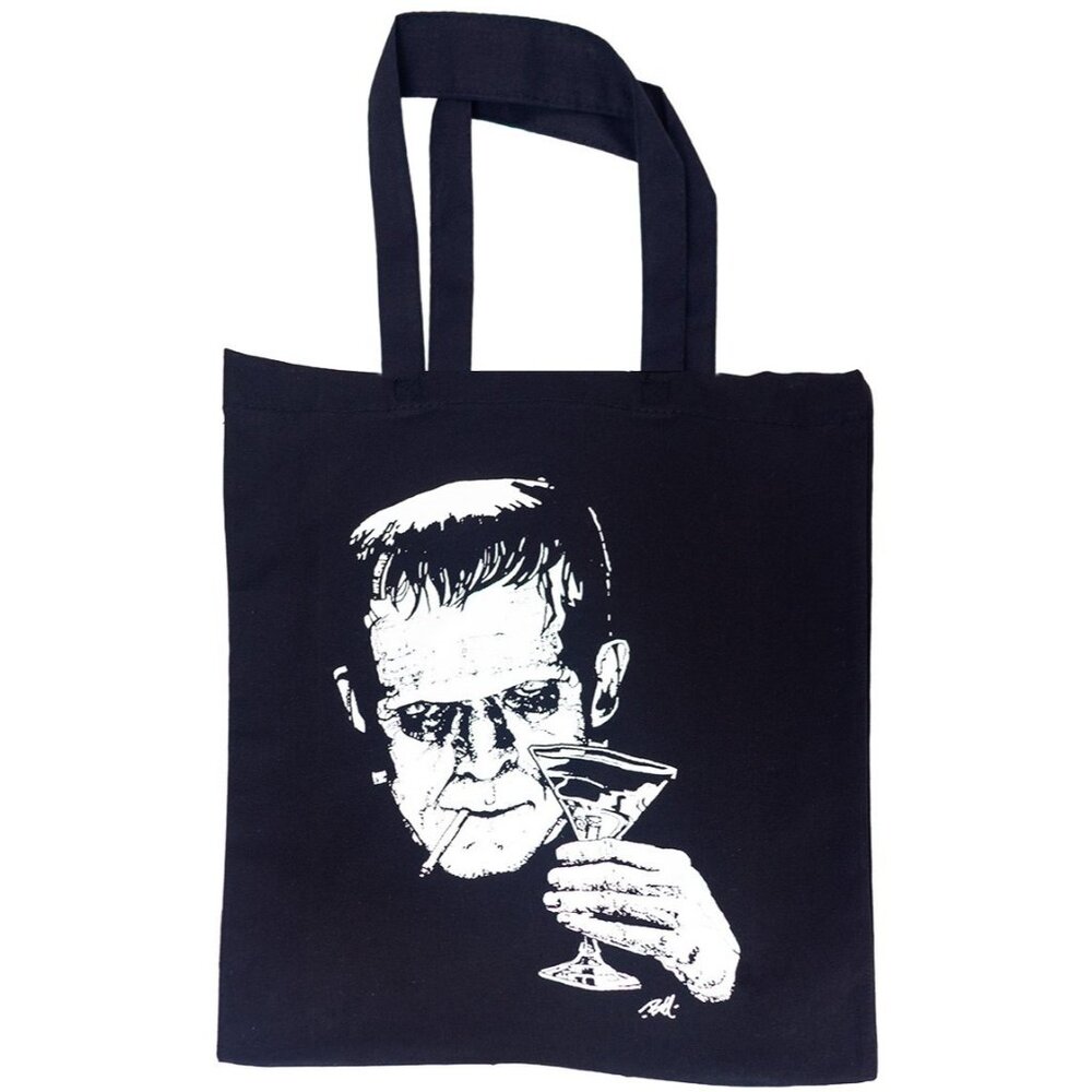 Lowbrow Art Monster Martini Black Tote Bag Large Cotton Frankenstein 16X15" NWT